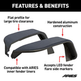 ARIES Textured Black Aluminum Front Fender Flares with LED Lights - 18-24 Wrangler JL, 20-24 Jeep Gladiator - 2500835